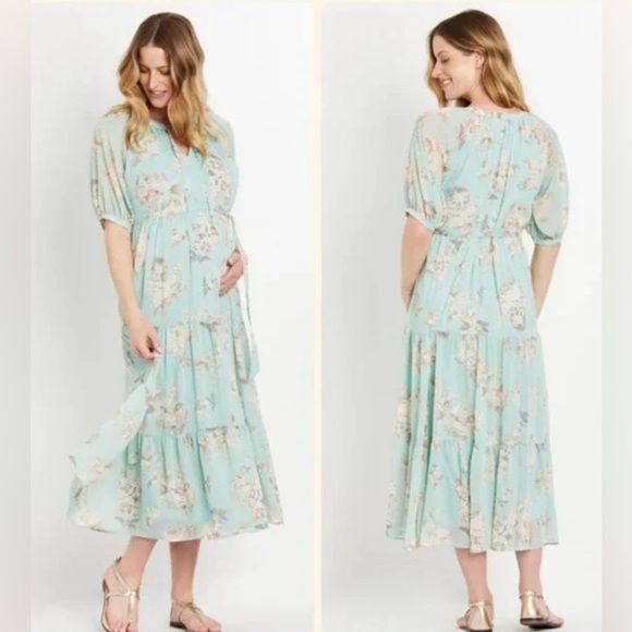 Motherhood-Maternity-Green-Floral-Medium-Chiffon-Tiered-Midi-Maternity-Dress-L - Picture 1 of 10